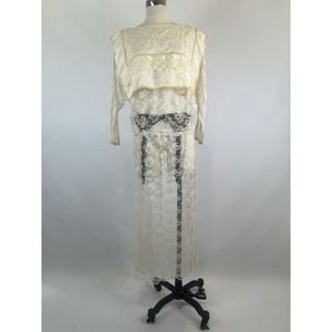 Vintage 80s Long Sleeve Sheer Lace Bib Grunge‎ Midi Dress